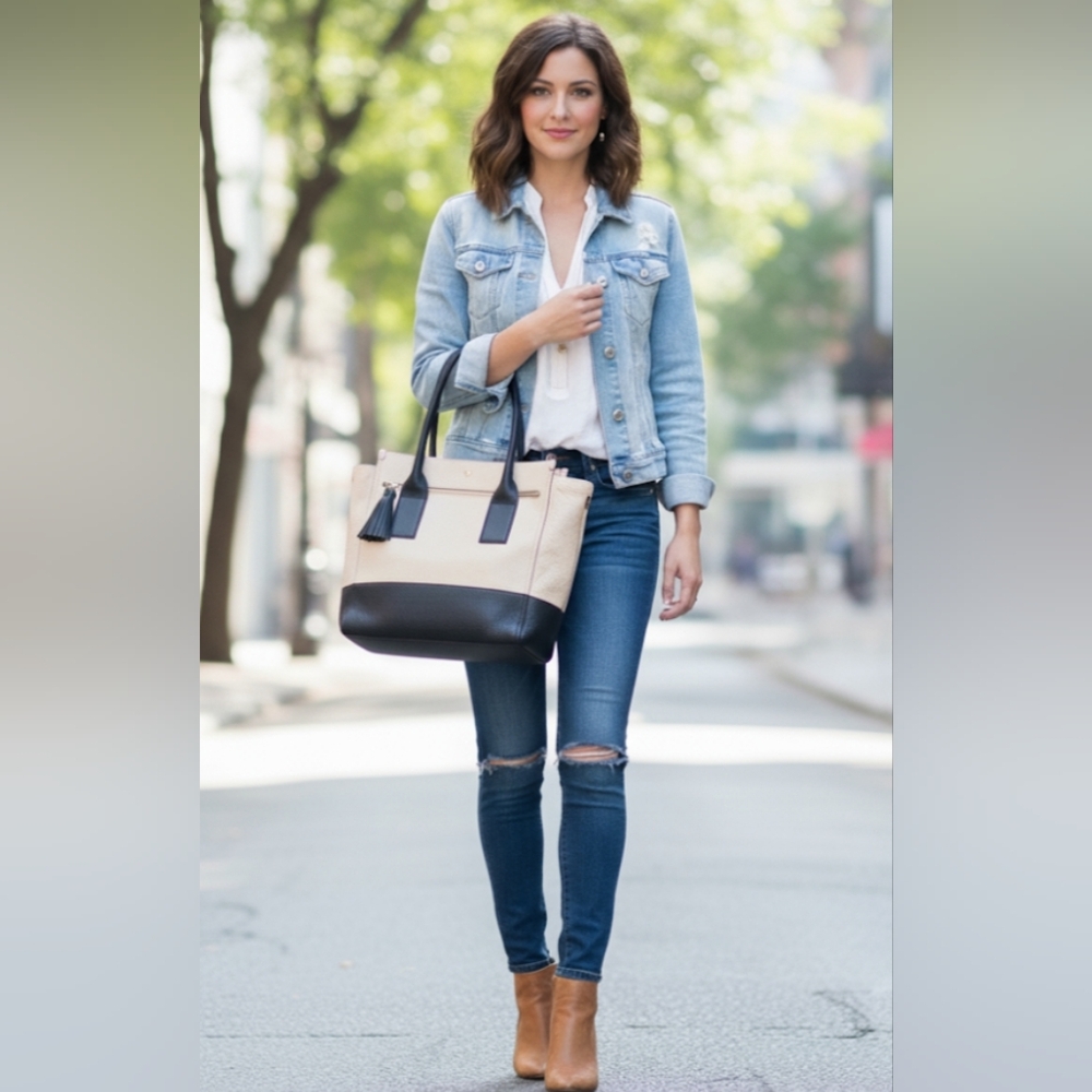 Kate Spade 100% Cow Leather Cream & Navy Large Tote Bag